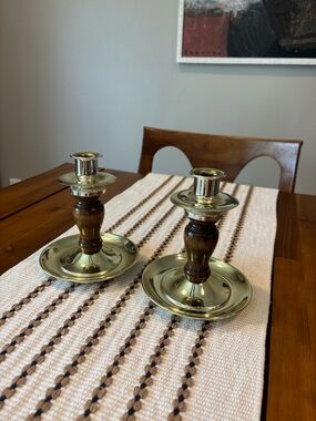 Set of 2 Wood and Brass Candlestick Holders